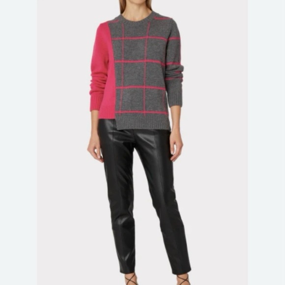 Milly Women’s Wool Cashmere Gray Pink WindowPane Pullover Crew Sweater S  NWOT - Picture 2 of 12